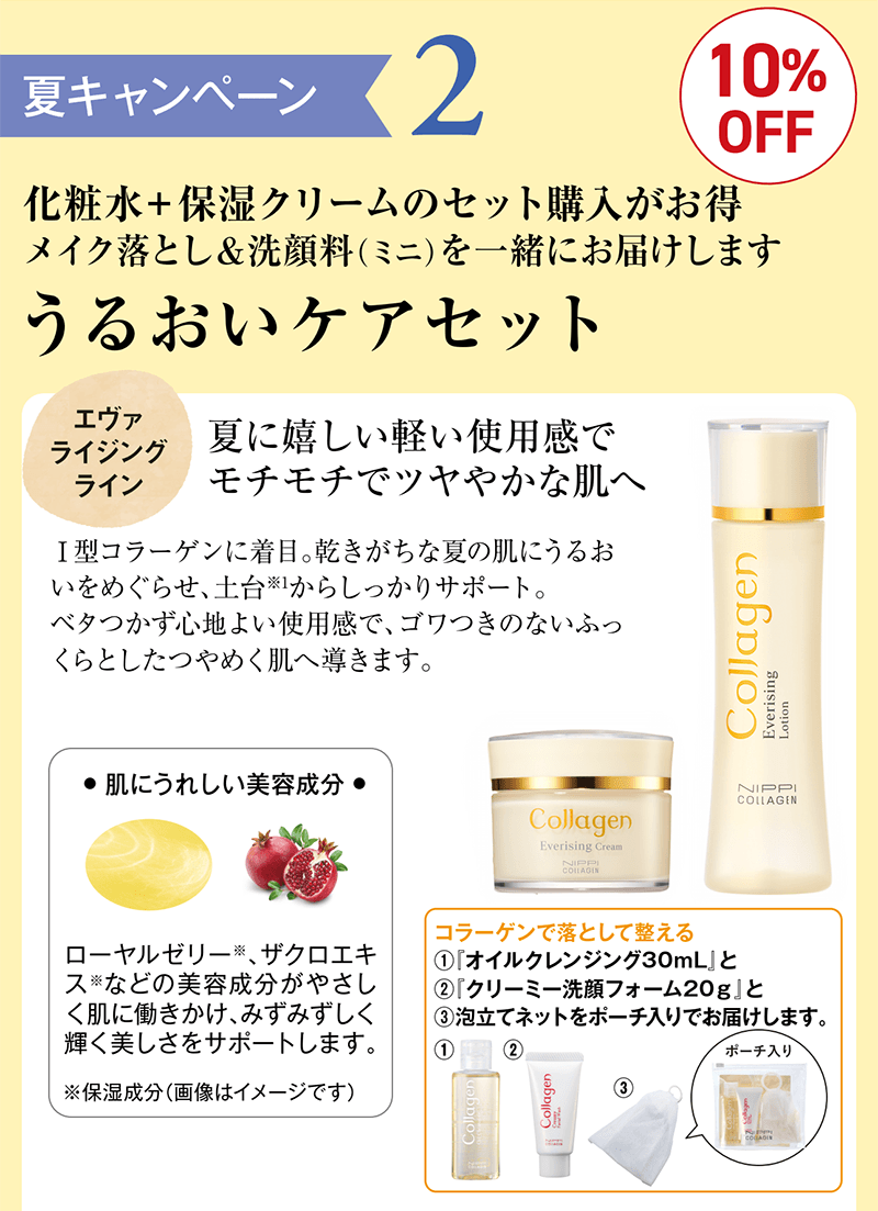 化粧水＋保湿クリームのセット購入がお得 メイク落とし＆洗顔料（ミニ）を一緒にお届けします うるおいケアセット