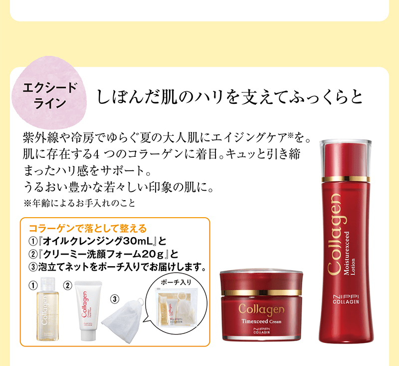 しぼんだ肌のハリを支えてふっくらと 紫外線や冷房でゆらぐ夏の大人肌にエイジングケア※を。肌に存在する4 つのコラーゲンに着目。キュッと引き締まったハリ感をサポート。うるおい豊かな若々しい印象の肌に。