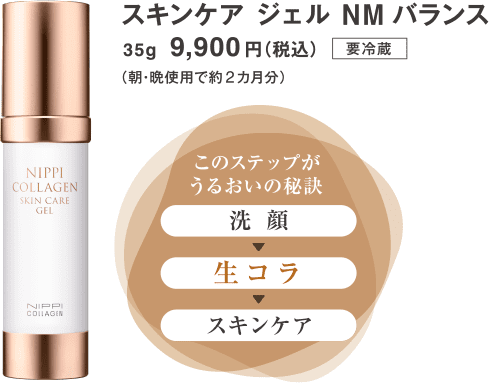 スキンケア ジェル NMバランス 35g 9,900円（税込）要冷蔵 （朝・晩使用で約2カ月分） このステップがうるおいの秘訣 洗顔 生コラ スキンケア