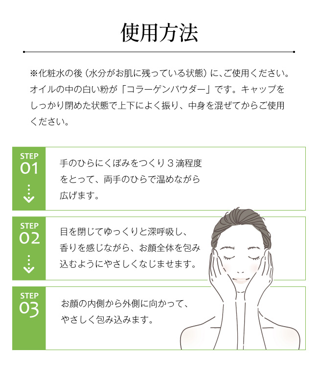 使用方法　※化粧水の後（水分がお肌に残っている状態）に、ご使用ください。オイルの中の白い粉が「コラーゲンパウダー」です。キャップをしっかり閉めた状態で上下によく振り、中身を混ぜてからご使用ください。