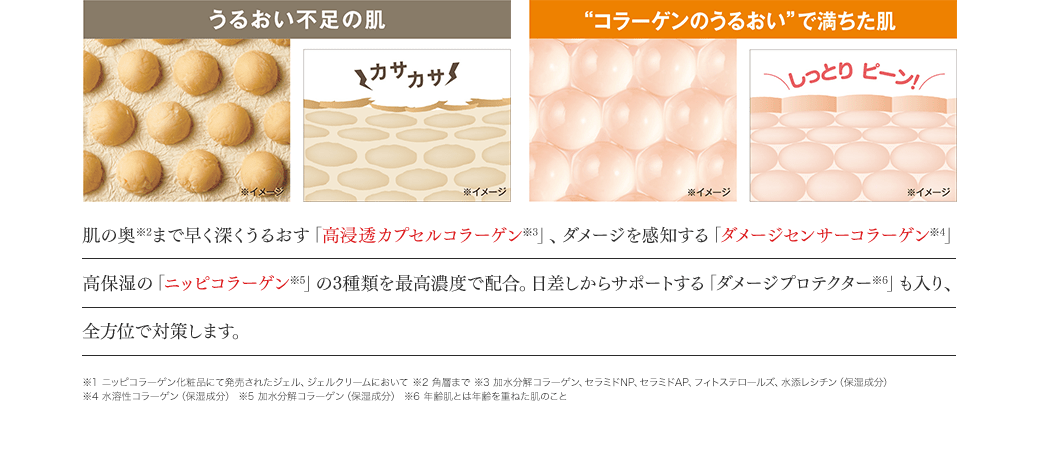 肌の奥※2まで早く深くうるおす「高浸透カプセルコラーゲン※3」、ダメージを感知する「ダメージセンサーコラーゲン※4」高保湿の「ニッピコラーゲン※5」の3種類を最高濃度で配合。日差しからサポートする「ダメージプロテクター※6」も入り、全方位で対策します。※1 ニッピコラーゲン化粧品にて発売されたジェル、ジェルクリームにおいて※2 角層まで※3 加水分解コラーゲン、セラミドNP、セラミドAP、フィトステロールズ、水添レシチン（保湿成分）※4 水溶性コラーゲン（保湿成分）※5 加水分解コラーゲン（保湿成分）※6 年齢肌とは年齢を重ねた肌のこと