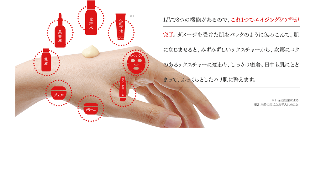 化粧水 美容液 乳液 ジェル クリーム アイクリーム パック 化粧下地※1 1品で8つの機能があるので、これ1つでエイジングケア※2が完了。ダメージを受けた肌をパックのように包みこんで、肌になじませると、みずみずしいテクスチャーから、次第にコクのあるテクスチャーに変わり、しっかり密着。日中も肌にとどまって、ふっくらとしたハリ肌に整えます。※1 保湿効果による ※2 年齢に応じたお手入れのこと