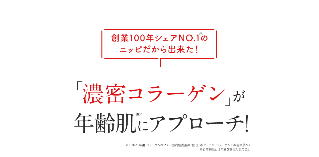 創業100年シェアNO.1※1のニッピだから出来た！ 「濃密コラーゲン」が年齢肌※2にアプローチ! ※1 2019年度コラーゲンペプチド国内販売量第1位（日本ゼラチン・コラーゲン工業組合調べ） ※2 年齢肌とは年齢を重ねた肌のこと