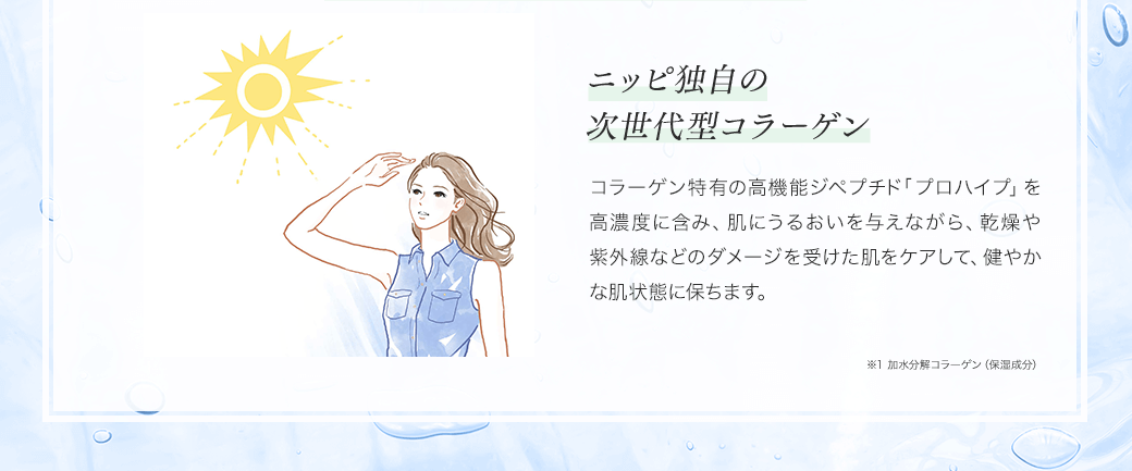 ニッピ独自の次世代型コラーゲン コラーゲン特有の高機能ジペプチド「プロハイプ」を高濃度に含み、肌にうるおいを与えながら、乾燥や紫外線などのダメージを受けた肌をケアして、健やかな肌状態に保ちます。※1 加水分解コラーゲン（保湿成分）