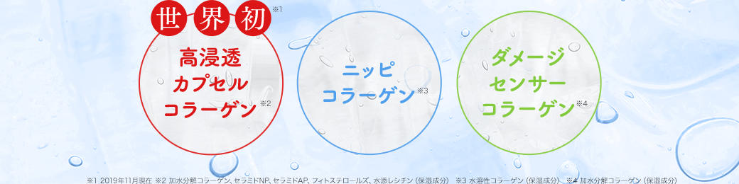 世界初※1 高浸透カプセルコラーゲン※2 ニッピコラーゲン※3 ダメージセンサーコラーゲン※4 ※1 2019年11月現在 ※2 加水分解コラーゲン、セラミドNP、セラミドAP、フィトステロールズ、水添レシチン（保湿成分） ※3 水溶性コラーゲン（保湿成分） ※4 加水分解コラーゲン（保湿成分）
