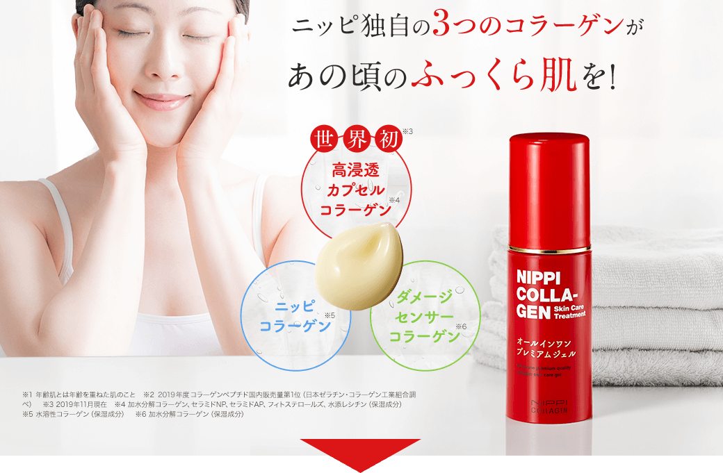 ニッピ独自の3つのコラーゲンがあの頃のふっくら肌を! 世界初※3 高浸透カプセルコラーゲン※4 ニッピコラーゲン※5 ダメージセンサーコラーゲン※6 ※1 年齢肌とは年齢を重ねた肌のこと　※2 2019年度 コラーゲンペプチド国内販売量第1位（日本ゼラチン・コラーゲン工業組合調べ）　※3 2019年11月現在　※4 加水分解コラーゲン、セラミドNP、セラミドAP、フィトステロールズ、水添レシチン（保湿成分） ※5 水溶性コラーゲン（保湿成分）　※6 加水分解コラーゲン（保湿成分）