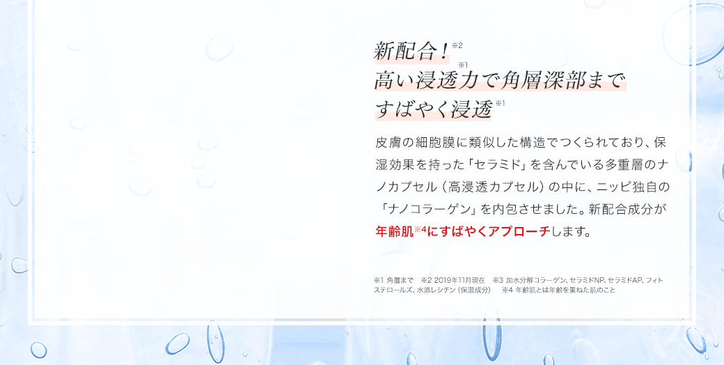 世界初！※2 高い浸透※1力で角層深部まですばやく浸透※1 皮膚の細胞膜に類似した構造でつくられており、保湿効果やバリア機能の改善に優れた「セラミド」を含んでいる多重層のナノカプセル（高浸透カプセル）の中に、ニッピ独自の「ナノコラーゲン」を内包させました。この世界初の技術で年齢肌※4にすばやくアプローチします。※1 角層まで　※2 2019年11月現在　※3 加水分解コラーゲン、セラミドNP、セラミドAP、フィトステロールズ、水添レシチン（保湿成分）　※4 年齢肌とは年齢を重ねた肌のこと