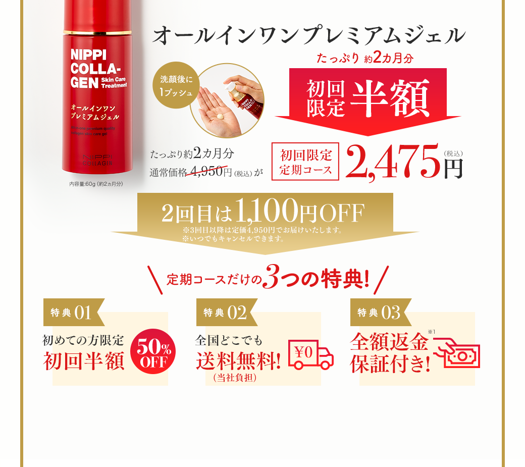 洗顔後に1プッシュオールインワンプレミアムジェルたっぷり約2カ月分たっぷり約2カ月分初回限定半額 通常価格 4,950円（税込）が初回限定定期コース2,475円（税込）2回目は1,100円OFF ※3回目以降は定価4,950円でお届けいたします。定期コースだけの3つの特典!特典01初めての方限定初回半額50%OFF特典02全国どこでも送料無料!特典03全額返金保証付き!