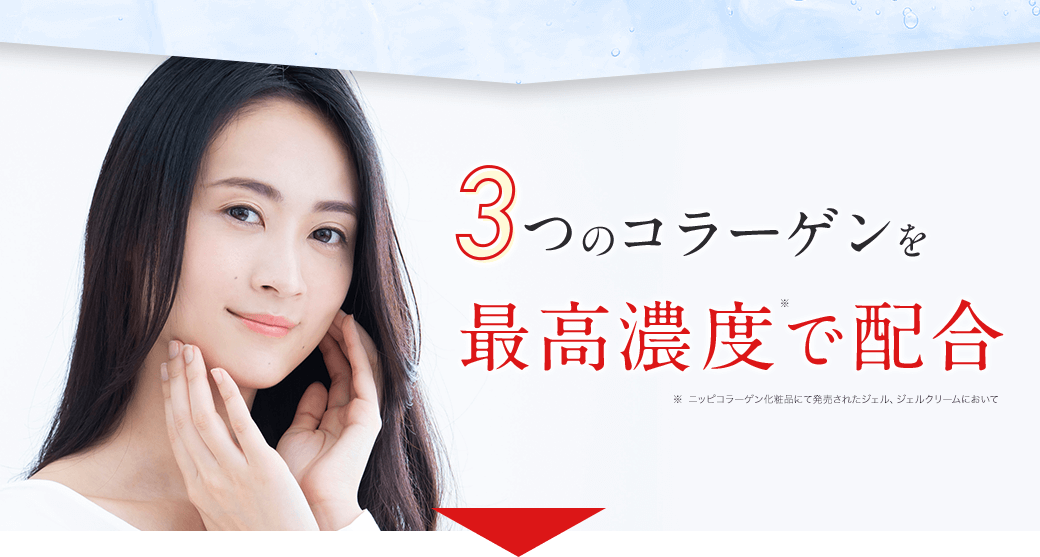 3つのコラーゲンを最高濃度※で配合 ※ ニッピコラーゲン化粧品にて発売されたジェル、ジェルクリームにおいて