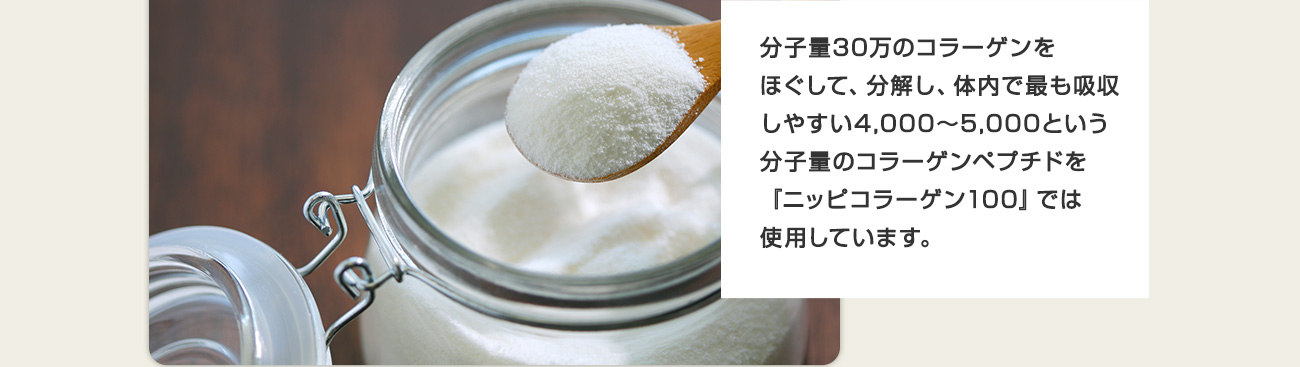 分子量30万のコラーゲンをほぐして、分解し、体内で最も吸収しやすい4,000～5,000という分子量のコラーゲンペプチドを『ニッピコラーゲン100』では使用しています。 