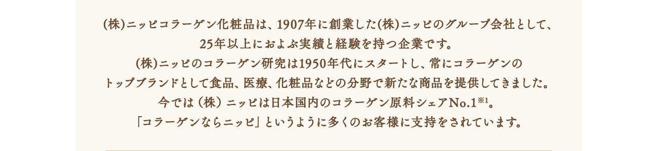 (株)ニッピコラーゲン化粧品は、1907年に創業した(株)ニッピのグループ会社として、25年以上におよぶ実績と経験を持つ企業です。(株)ニッピのコラーゲン研究は1950年代にスタートし、常にコラーゲンのトップブランドとして食品、医療、化粧品などの分野で新たな商品を提供してきました。今では（株）ニッピは日本国内のコラーゲン原料シェアNo.1※1。「コラーゲンならニッピ」というように多くのお客様に支持をされています。