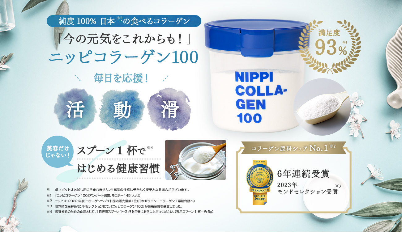 「今の元気をこれからも！」ニッピコラーゲン100