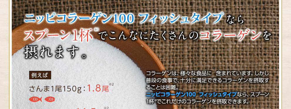 ニッピコラーゲン100 フィッシュタイプならスプーン1杯でこんなにたくさんのコラーゲンを摂れます。