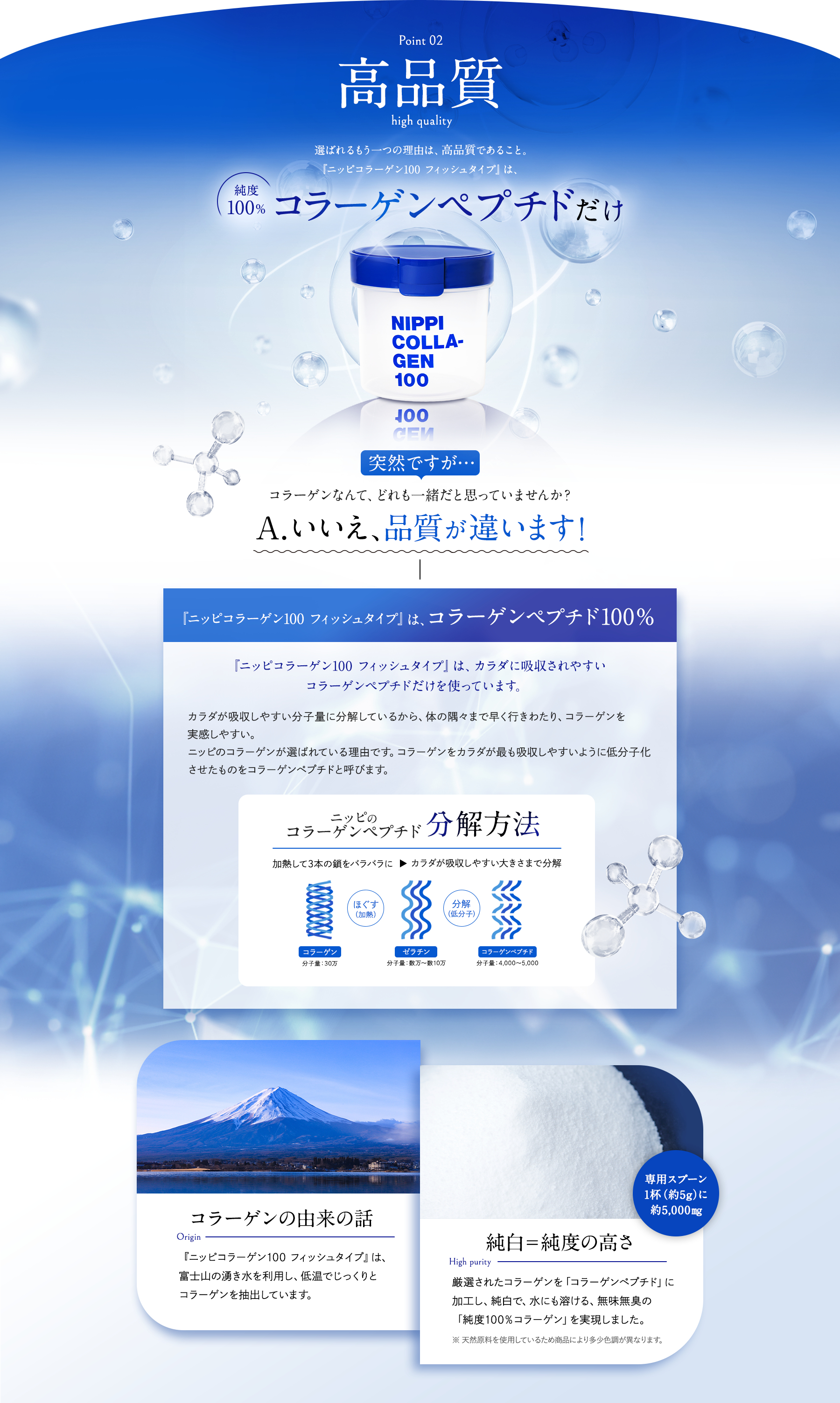 pointo2 高品質 ニッピコラーゲン100 フィッシュタイプは、純度100％のコラーゲンペプチドだけを使用