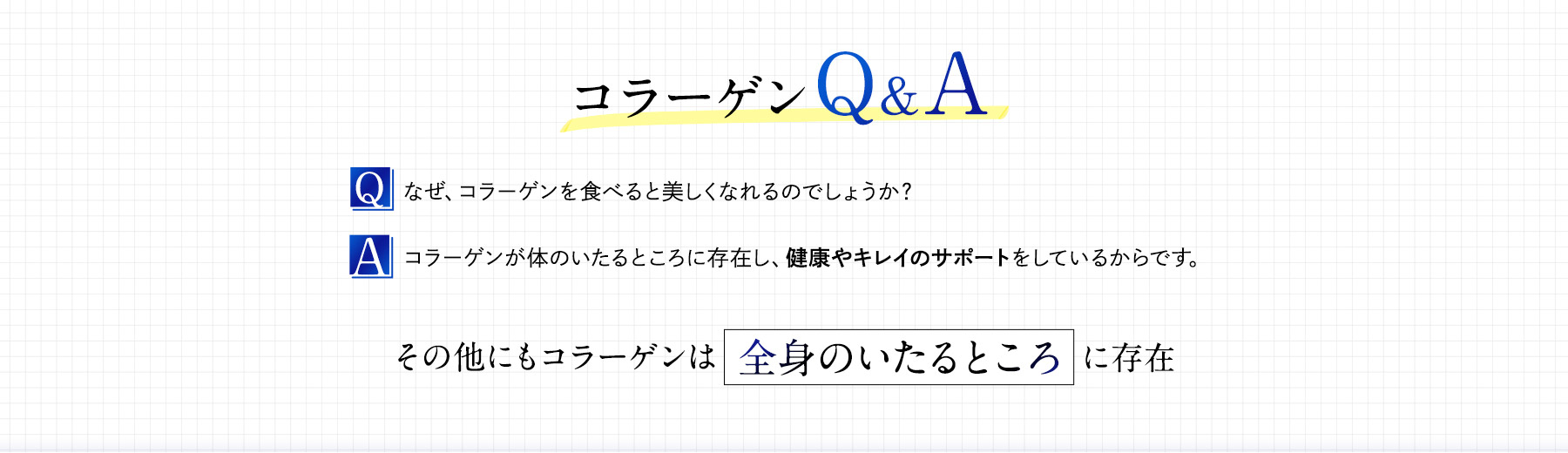 Q.なぜ、コラーゲンを食べると美しくなれるのでしょうか？A.コラーゲンが体のいたるところに存在し、健康やキレイのサポートをしているから
		です。