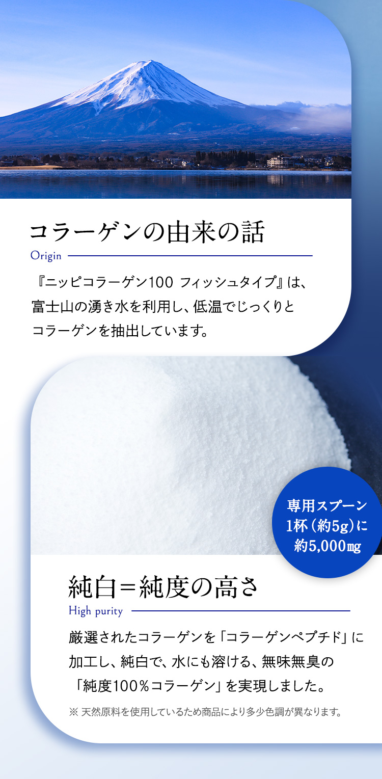 ニッピのコラーゲンペプチドは、
		富士山の湧き水を利用し、低温でじっくりと
		コラーゲンを抽出しています。厳選されたコラーゲンを「コラーゲンペプチド」に加工し、純白で、水にも溶ける、無味無臭の
		「純度100％コラーゲン」を実現しました。
