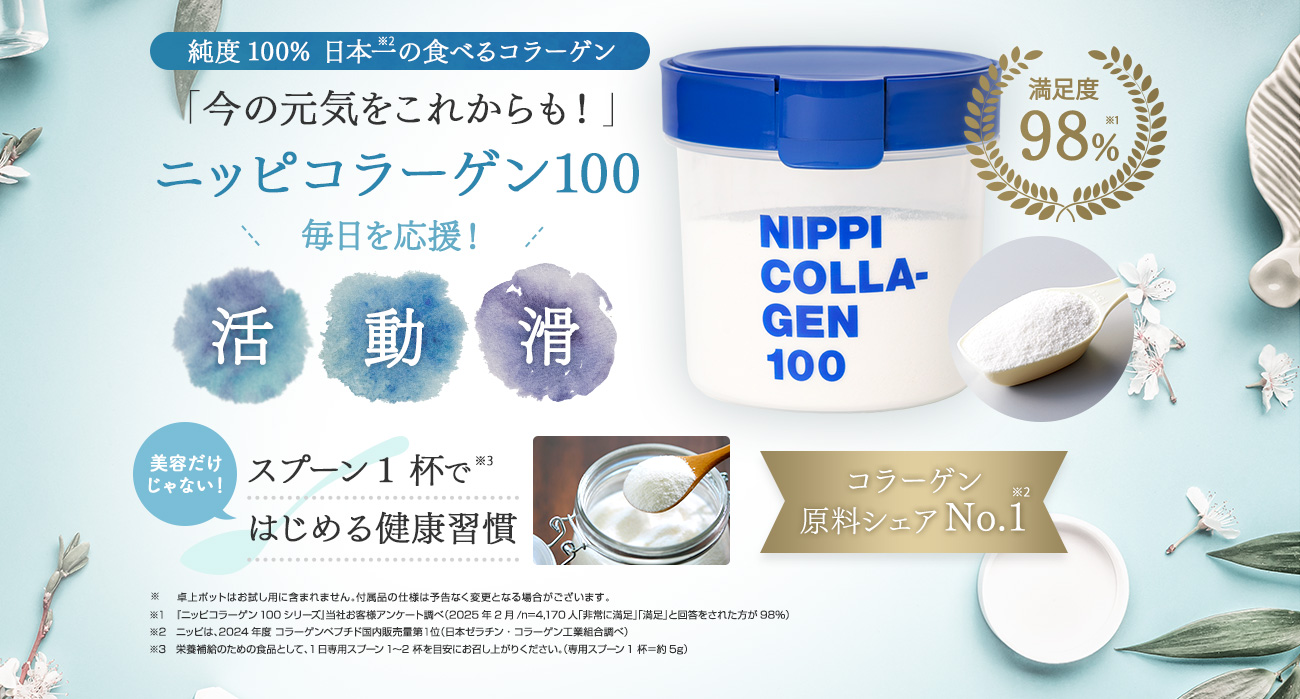 「今の元気をこれからも！」ニッピ コラーゲン100 