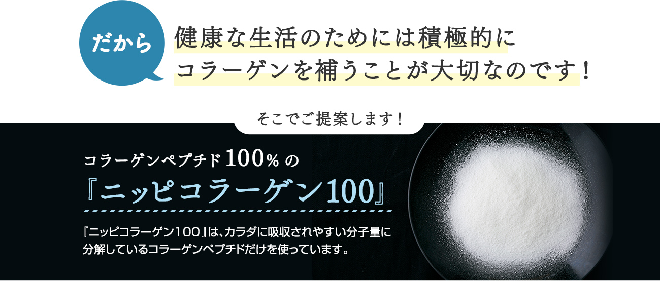 だから！健康な生活のためには積極的にコラーゲンを補うことが大切なのです！そこで提案します！コラーゲンペプチド100％のニッピコラーゲン100 「ニッピコラーゲン100 」は、カラダに吸収されやすい分子量に分解しているコラーゲンペプチドだけ使っています。