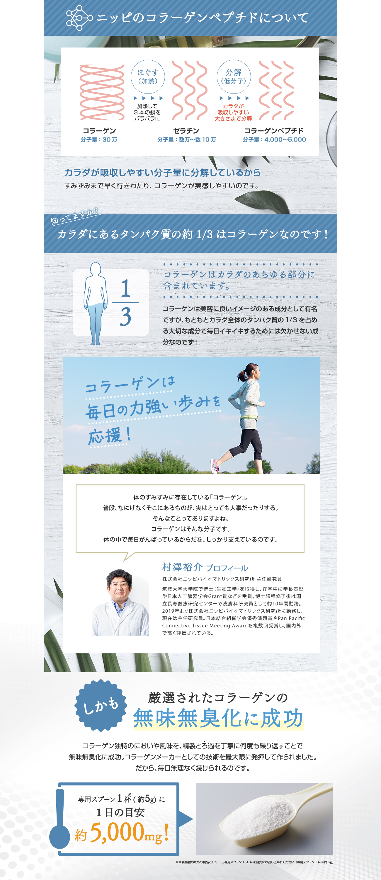 [ニッピコラーゲン100 」は、カラダに吸収されやすい分子量に分解しているコラーゲンペプチドだけ使っています。