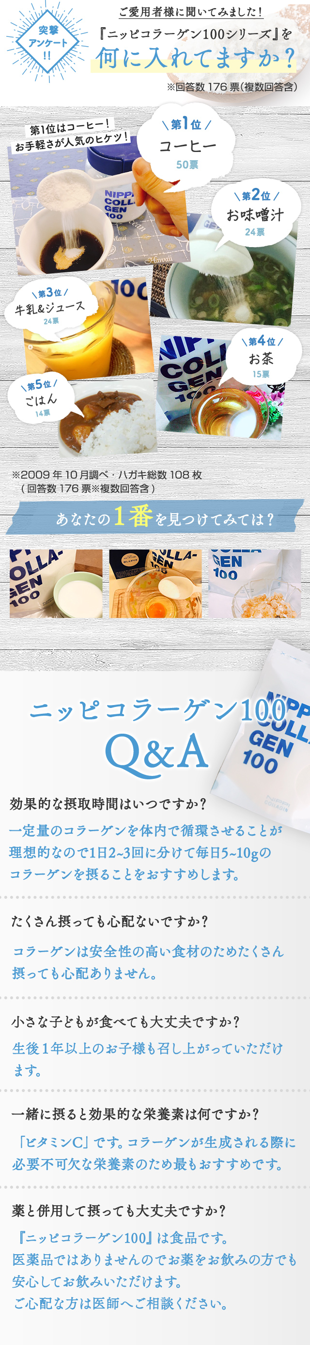 ニッピコラーゲン100 が選ばれる理由①コラーゲン原料Ｎo.1※1だからできた無味無臭で続けやすいコラーゲン本来、原料からくるにおいが強く独特の風味があるコラーゲンですが、「ニッピコラーゲン100 」は独自の技術を最大限に活かして無味無臭の製品を完成させる事に成功しました。※1 2021年度 コラーゲンペプチド国内販売量第1位(日本ゼラチン・コラーゲン工業組合調べ)②カラダのすみずみまでいきわたる吸収しやすい分子量分子量30万のコラーゲンをほぐして、分解し、体内で最も吸収しやすい4,000〜5,000という分子量のコラーゲンペプチドを「ニッピコラーゲン100 』では使用しています。③毎日続けやすい水にも溶けやすく、すぐに飲める！サッと料理や飲み物に溶けなくては、日常的にコラーゲンを摂り続けることは困難。「ニッピコラーゲン100 」は、瞬間的に粒子を乾燥せて、コラーゲンペプチド同士に隙間をもたせた溶けやすい形状に加工しています。水にも簡単に溶けますので、色々なシーンでお召し上がりいただけます。