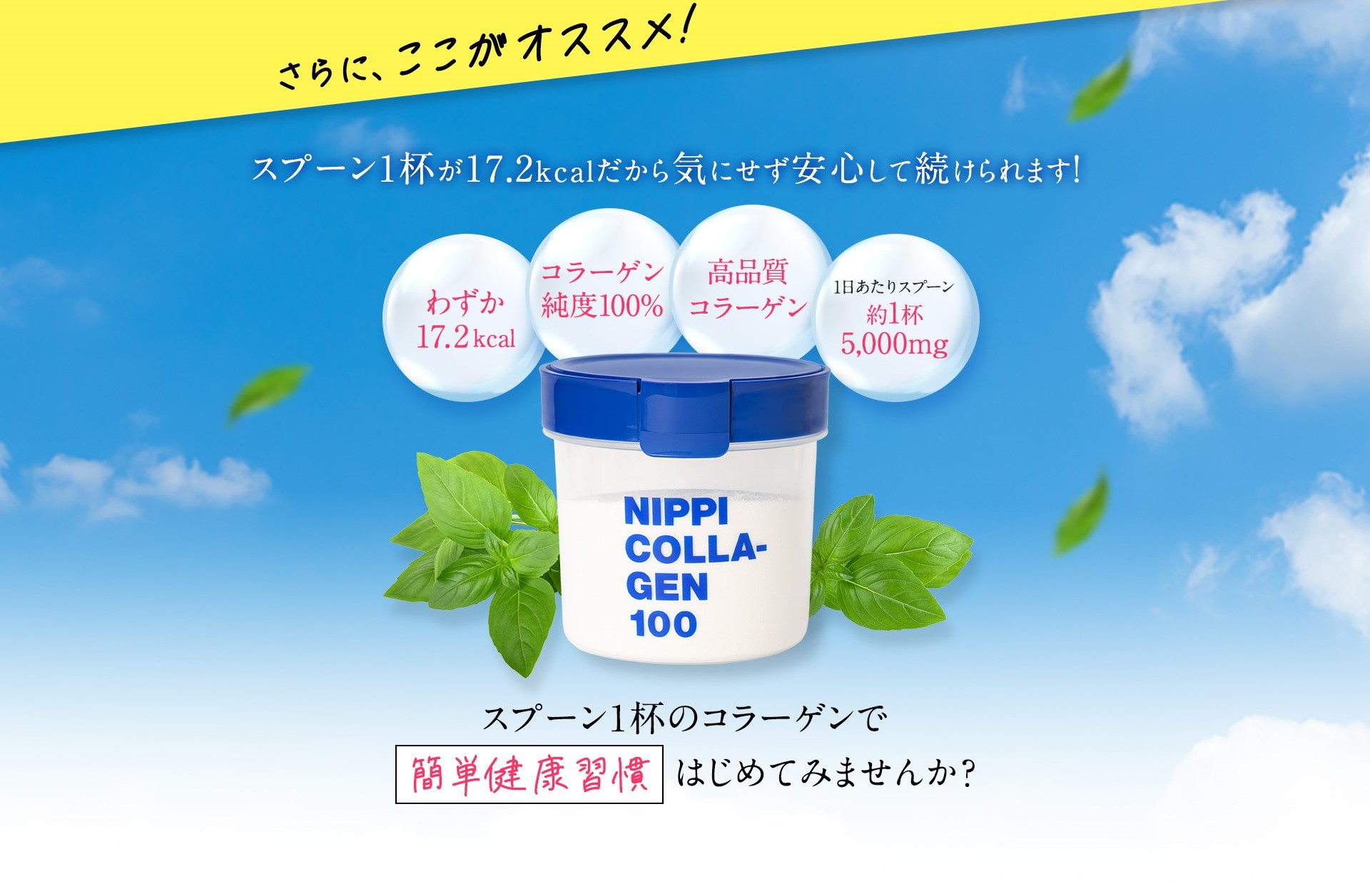 スプーン1杯が17.2kcalだから気にせず安心して続けられます!①わずか17.2kcal②コラーゲン純度100%③高品質コラーゲン④1日あたりスプーン約1杯5,000mgスプーン1杯のコラーゲンで簡単健康習慣はじめてみませんか?