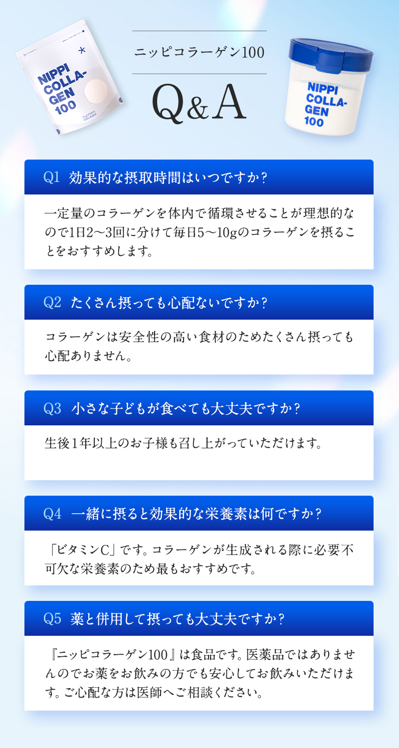 ニッピコラーゲン100 Q&AQ1効果的な摂取時間はいつですか？一定量のコラーゲンを体内で循環させることが理想的なので1日2～3回に分けて毎日5～10gのコラーゲンを摂ることをおすすめします。Q2たくさん摂っても心配ないですか？コラーゲンは安全性の高い食材のためたくさん摂っても心配ありません。Q3小さな子どもが食べても大丈夫ですか？生後１年以上のお子様も召し上がっていただけます。Q4一緒に摂ると効果的な栄養素は何ですか？「ビタミンC」です。コラーゲンが生成される際に必要不可欠な栄養素のため最もおすすめです。Q5薬と併用して摂っても大丈夫ですか？『ニッピコラーゲン100 』は食品です。医薬品ではありませんのでお薬をお飲みの方でも安心してお飲みいただけます。ご心配な方は医師へご相談ください。
