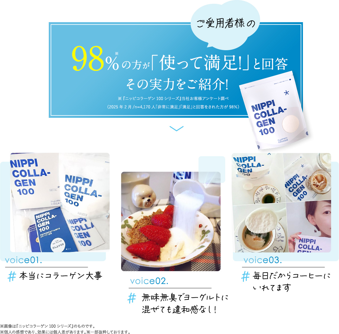 ご愛用者様の98％の方が「使って満足!」と回答その実力をご紹介!①本当にコラーゲン大事②無味無臭でヨーグルトに混ぜても違和感なし！③毎日だからコーヒーにいれてます