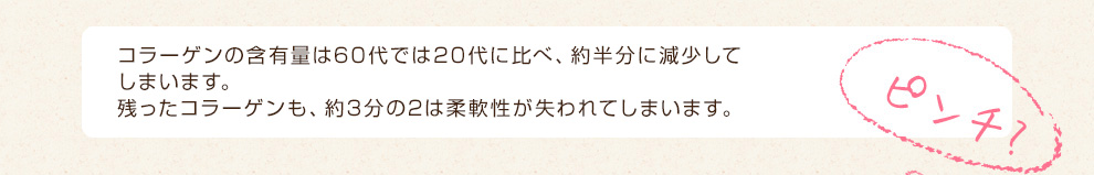 皮膚コラーゲンの含有量は60代では20代に比べ、コラーゲン量が約半分に減少してしまいます。コラーゲンの柔軟性は60代では20代に比べ約3分の2は、コラーゲンの柔軟性が失われてしまいます。