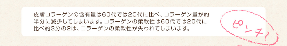 人のコラーゲンは25歳から減少し始め、40代ではすでに半分。 さらに50代では4割、60代では約1/3近くまで減少してしまいます。