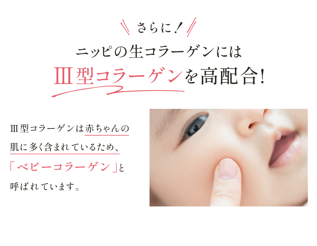 さらに！ニッピの生コラーゲンには Ⅲ型コラーゲンを高配合!Ⅲ型コラーゲンは赤ちゃんの肌に多く含まれているため、「ベビーコラーゲン」と呼ばれています。
