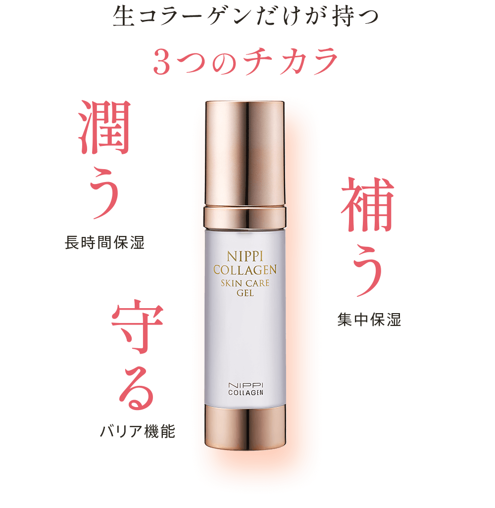 生コラーゲンだけが持つ3つのチカラ 潤う:長時間保湿 補う:集中保湿 守る:バリア機能