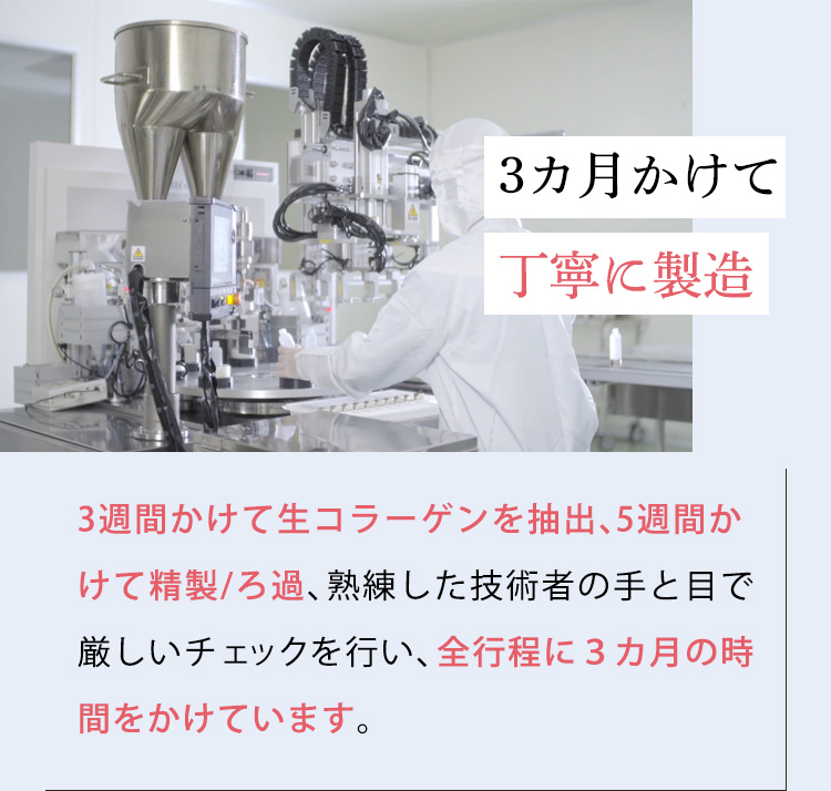3カ月かけて丁寧に製造 3週間かけて生コラーゲンを抽出、5週間かけて精製/ろ過、熟練した技術者の手と目で厳しいチェックを行い、全工程に3カ月の時間をかけています。