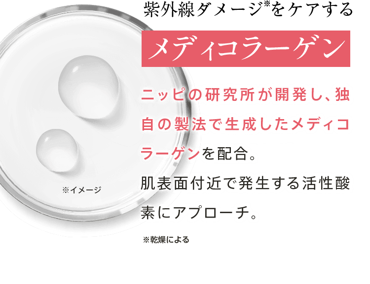 ニッピの独自製法による メディコラーゲン ニッピの研究所が開発し、独自の製法で生成したメディコラーゲンを新たに配合。 肌表面付近で発生する活性酸素にアプローチ。