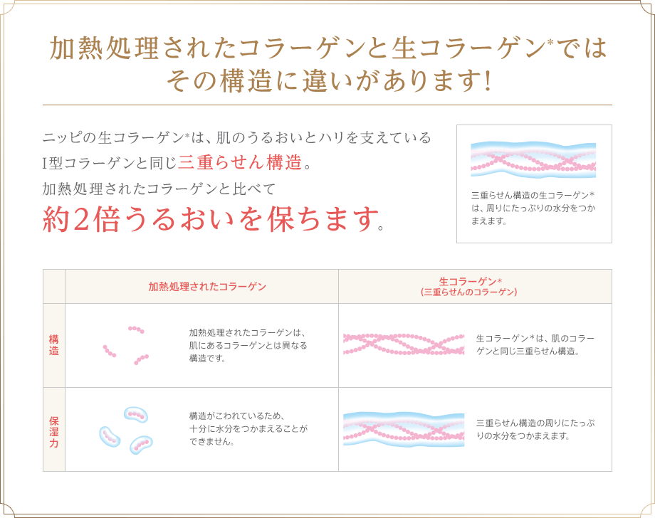 加熱処理されたコラーゲンと生コラーゲンではその構造に違いがあります！