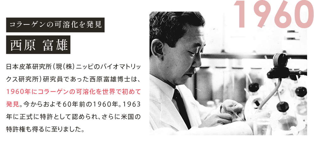 1960 コラーゲンの可溶化を発見 西原 富雄 日本皮革研究所（現（株）ニッピのバイオマトリックス研究所）研究員であった西原富雄博士は、1960年にコラーゲンの可溶化を世界で初めて発見。今からおよそ60年前の1960年。1963年に正式に特許として認められ、さらに米国の特許権も得るに至りました。