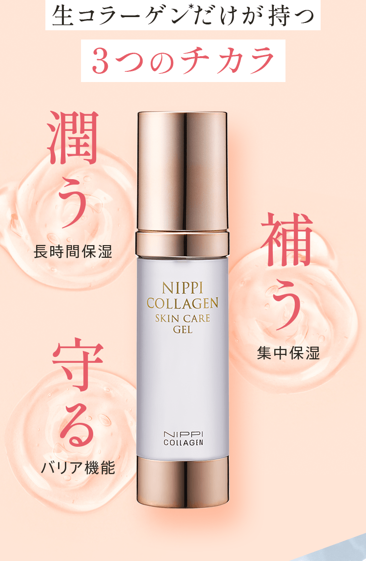 生コラーゲンだけが持つ3つのチカラ 潤う:長時間保湿 補う:集中保湿 守る:バリア機能