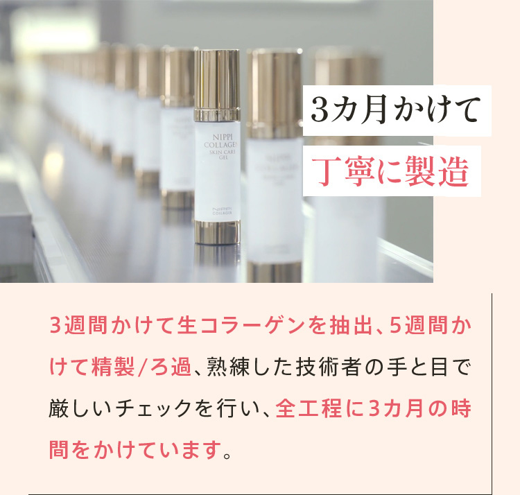 3カ月かけて丁寧に製造 3週間かけて生コラーゲンを抽出、5週間かけて精製/ろ過、熟練した技術者の手と目で厳しいチェックを行い、全工程に3カ月の時間をかけています。