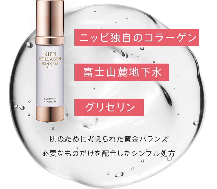 (1)ニッピ独自のコラーゲン (2)富士山麓地下水 (3)グリセリン 肌のために考えられた黄金バランス必要なものだけを配合したシンプル処方