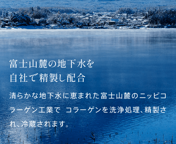 富士山麓の地下水を 自社で精製し配合 清らかな地下水に恵まれた富士山麓のニッピコラーゲン工業で コラーゲンを洗浄処理、精製され、冷蔵されます。